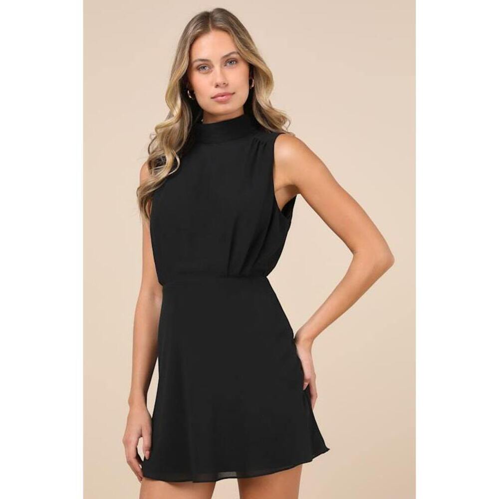 Lulus Classic Elegance Black Chiffon Sleeveless Mock Neck Mini Dress - Size L